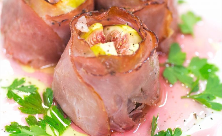 Baked Fig wrapped in proscuitto with Raspberry Finishing Vinegar