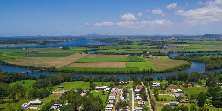 Aerial view over Woombah looking towards Goodwood Island
