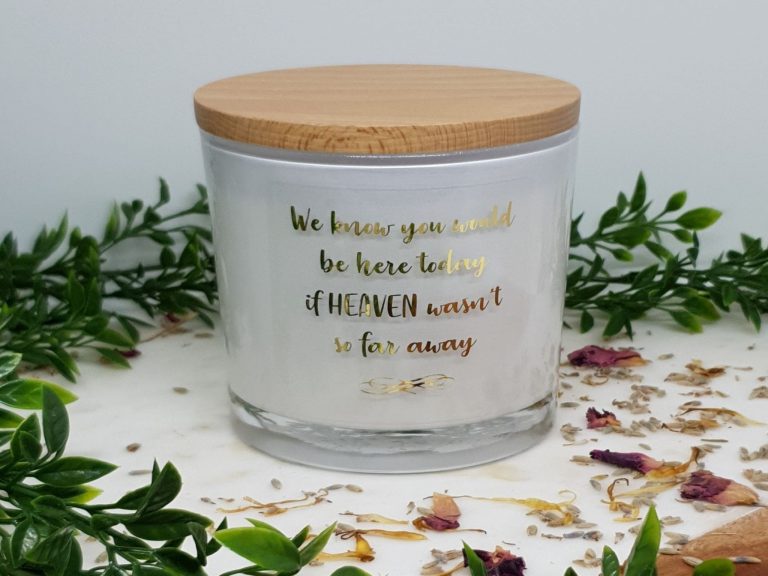Large white candle with wood lid and personalised label