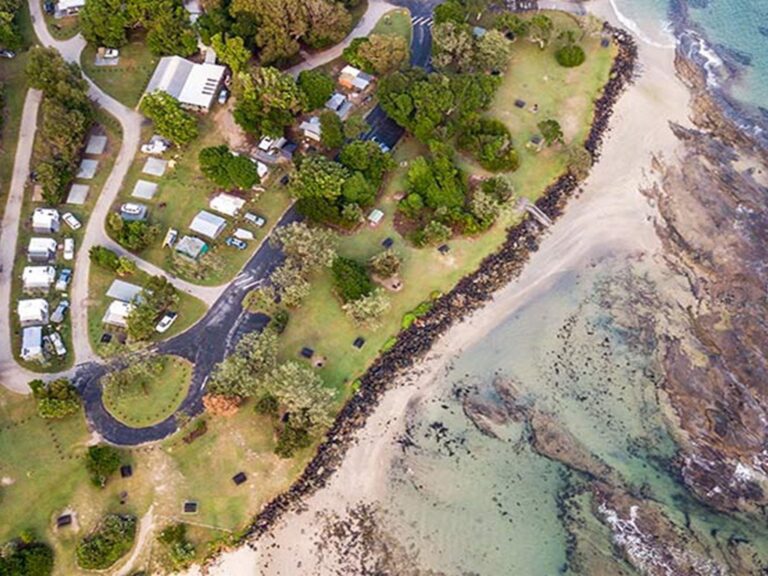 Aerial view of Woody Head campground and adjoining beach, Bundjalung National Park. Photo: John